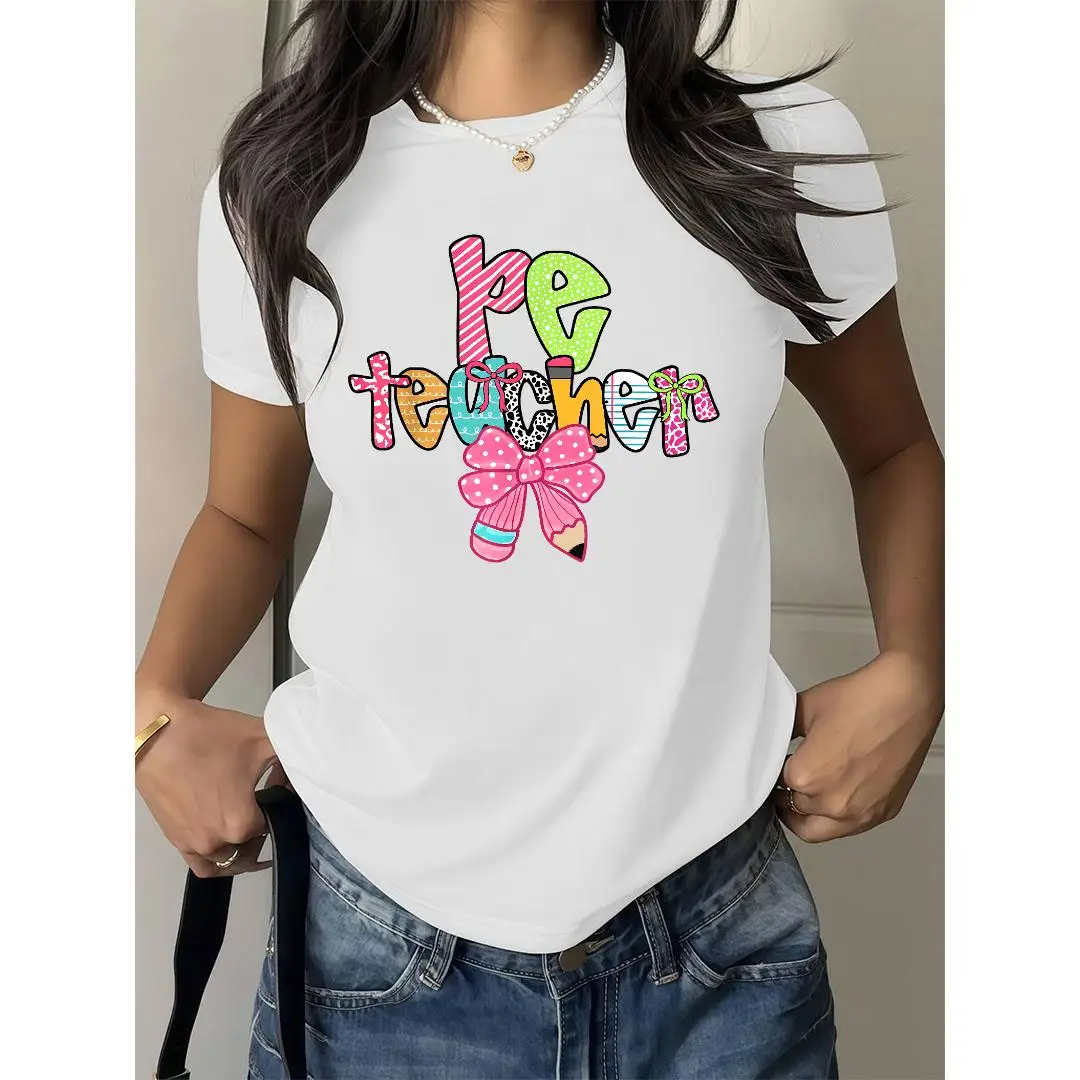 

Women PE Teacher T-Shirt Physical Education Funny Sporty Educator Graphic Tee Colorful School Slogan Appreciation Gift Top