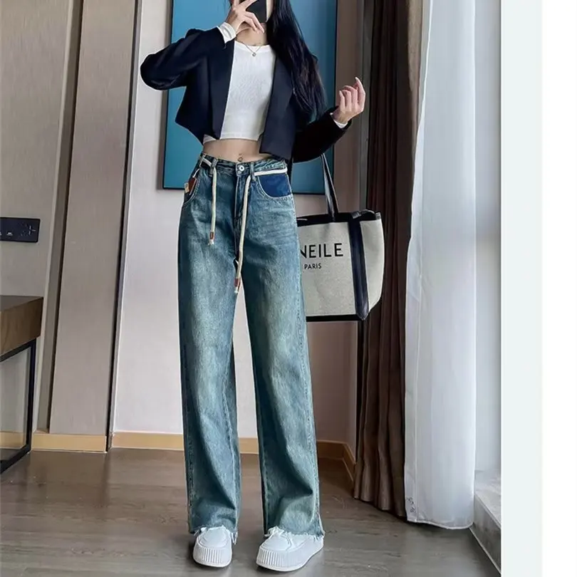 Damesjeans Wijde broek Baggy jeans Hoge taille Gewassen blauw 2025, Herfst Winter Koreaanse mode Veelzijdige slim fit broek