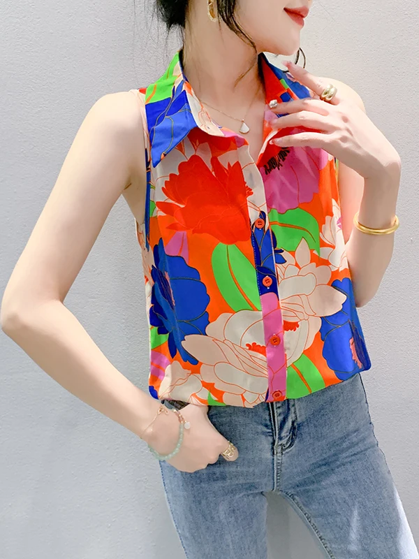 Coleção Verão 2025: Nova Blusa Feminina Casual com Estampa Floral, Proteção UV e Gola, em Fibra de Poliéster, Caimento Solto