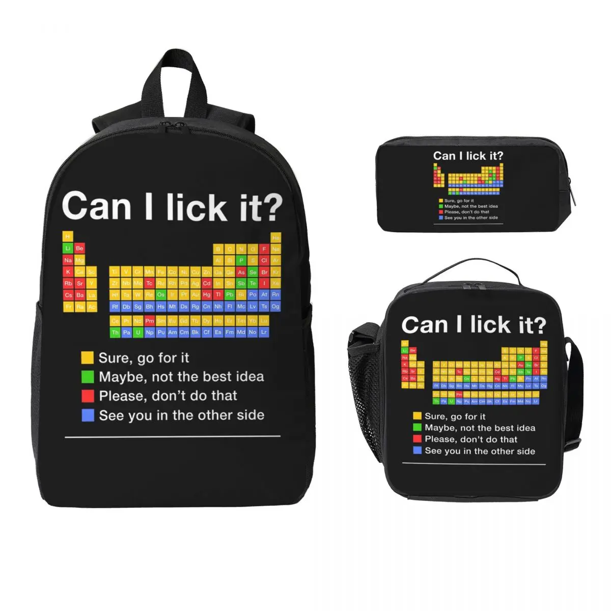 Can I Lick It Periodic Table Backpack Boys Girls BookBag School Bag Laptop Shoulder Bags 3ps Insulated Lunch Bag Pencil Case
