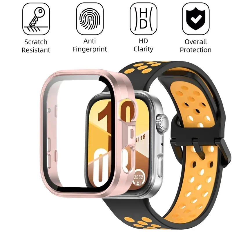 حزام سيليكون بلونين + حافظة فيلم معززة لساعة Huawei Watch Fit 3/4/4 Pro ملحقات من قطعتين لساعة Huawei Watch Fit 4 Pro