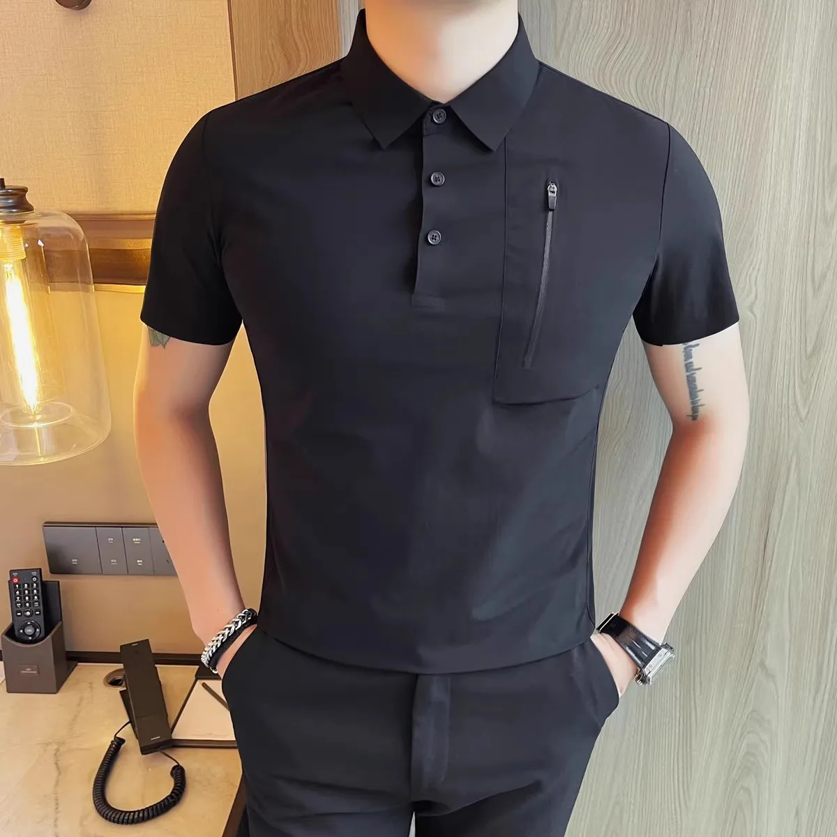 

High Quality Mens Summer Polo Shirts Fashion Casual Short Sleeve Solid Color Turn Down Collar Slim Fit Polos Men Pullover Tess