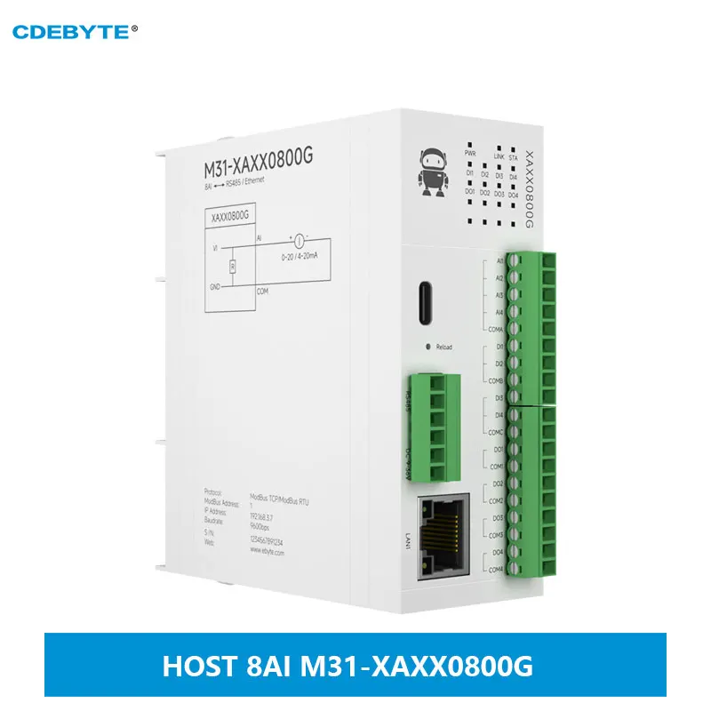 8AI  RS485 RJ45 Analog Switch Acquisition Distributed Remote IO Module DC8~28V CDEBYTE M31-XAXX0800G Host Module Fast Expansion