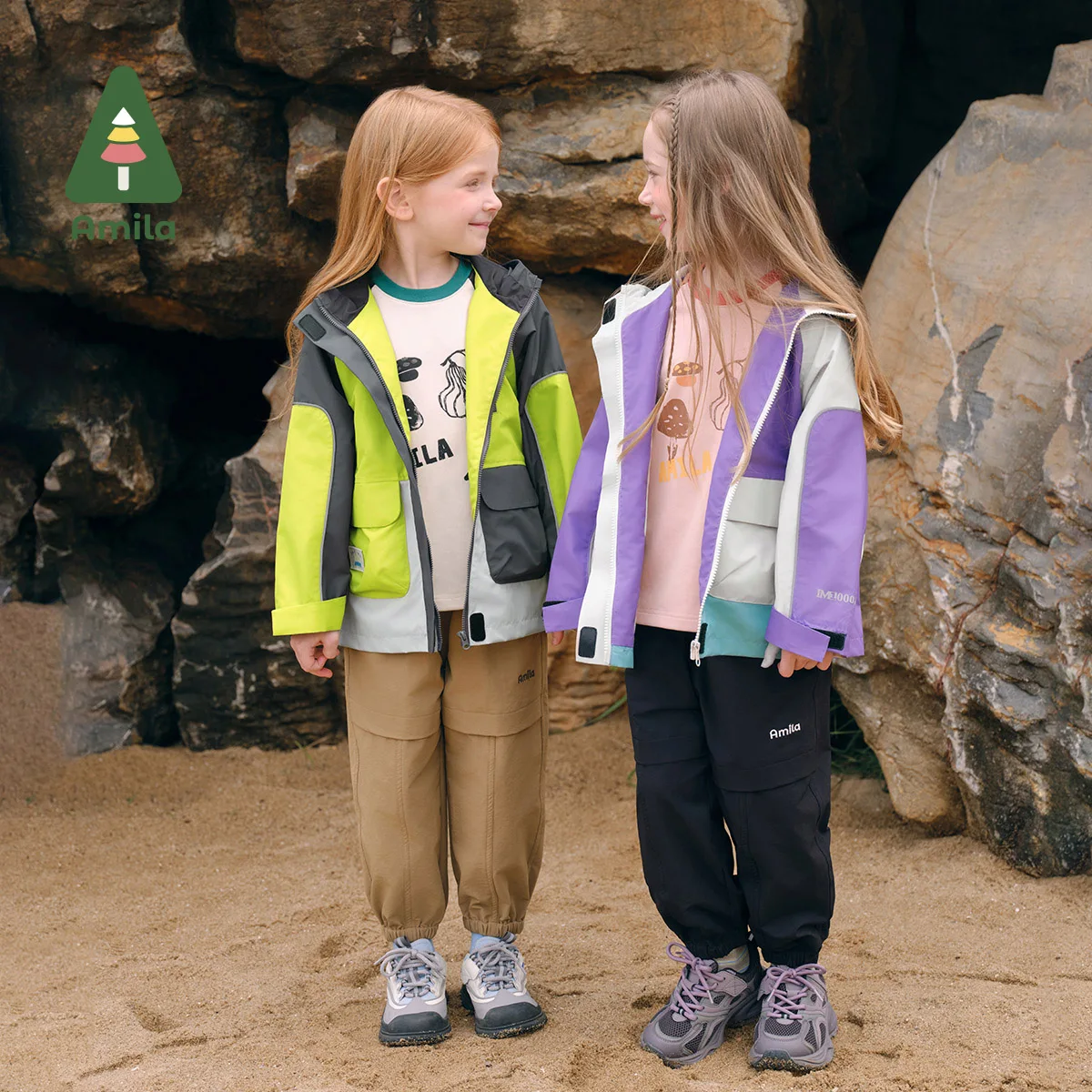 Amila Giacca per bambini 2024 Autunno Nuovi ragazzi e ragazze Cappotto giacca a vento a tre prove di colore a contrasto per sport all\'aria aperta di