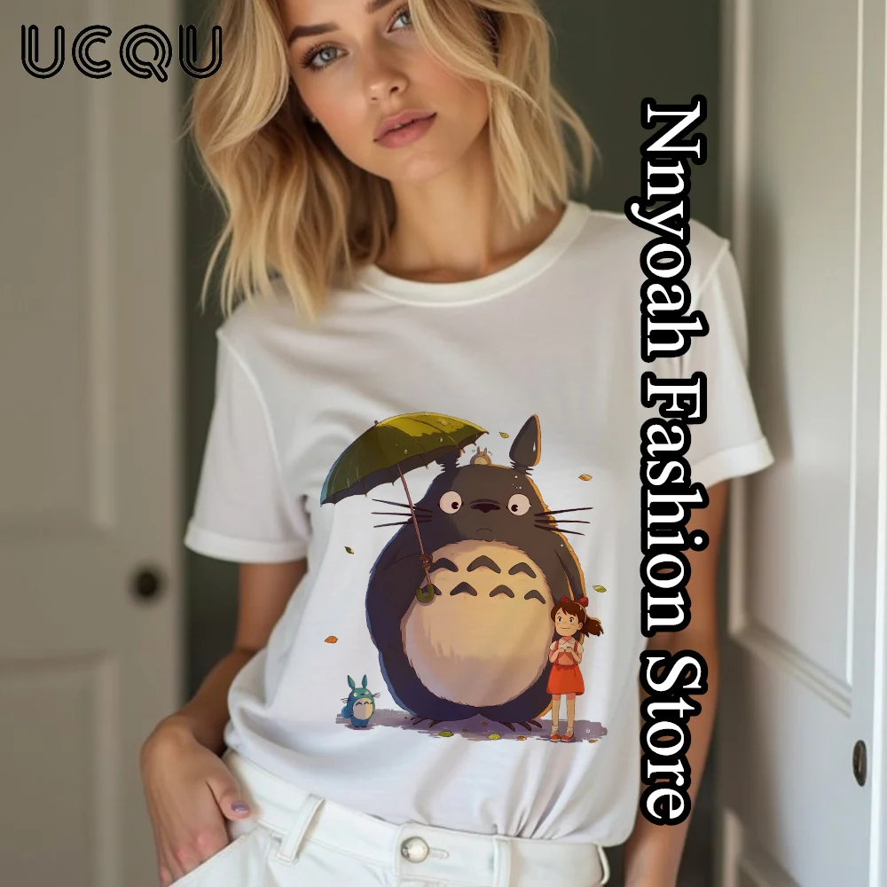 Camiseta bonita de Totoro con paraguas de algodón para mujer, camisetas a la moda, ropa de dibujos animados Y2K, traje de moda, ropa de calle Harajuku