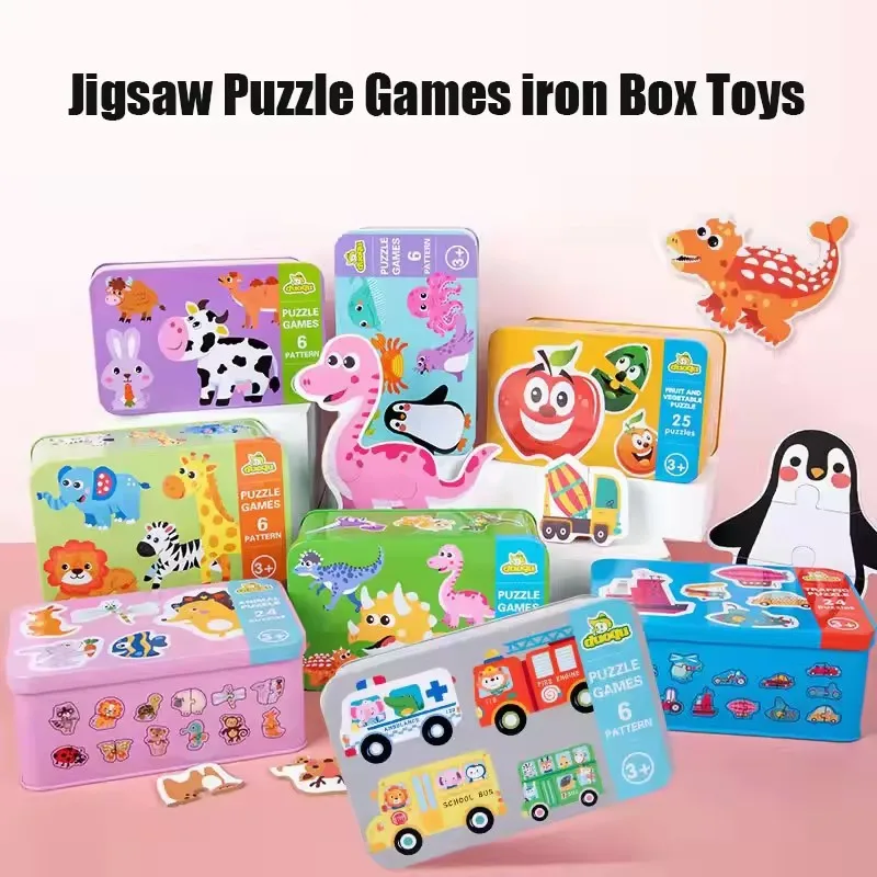 Baby Puzzle Montessori Educational Toys 3D Wood Puzzle Game Iron Box Children Puzzle Jigsaw Wooden Puzzles for Kids 2 3 4 5 Year