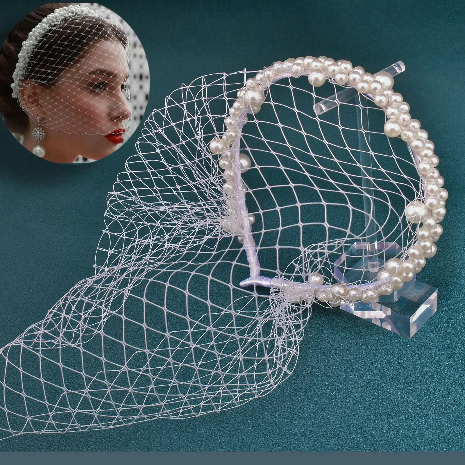 JM26 Tüllkäfigschleier mit Perlen Hochzeit Vogelkäfigschleier mit Stirnband Gesichtsbedeckung Braut Kopfschmuck Hochzeitsaccessoires Mariage