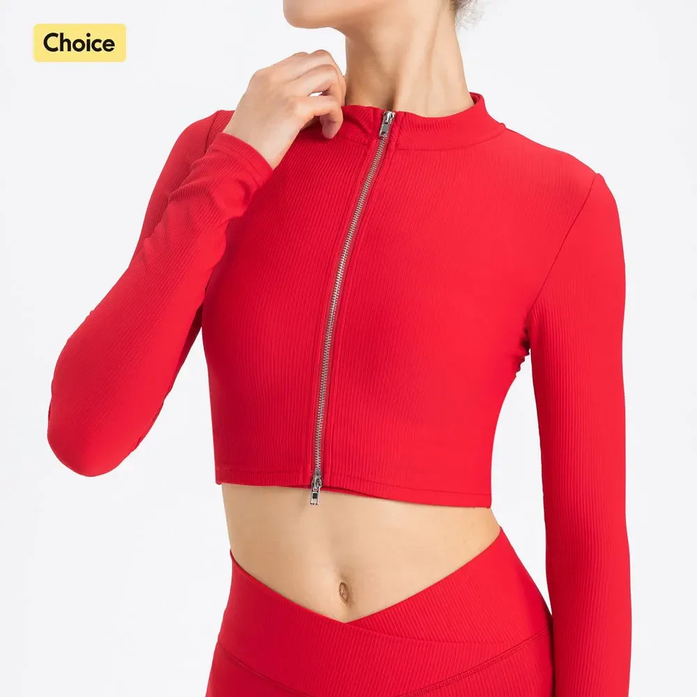 Ribbed Yoga Jacket Women Two Way Zipper Front Crop Tops Sportswear Elegant Sport Training Wear Gym Clothing Tight Workout Top