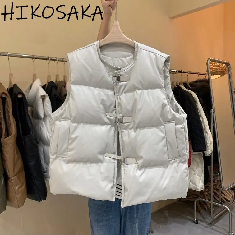 

PU Leather Waistcoat Fashion Korean Warm Loose Casual Sleeveless Jackets Vest O-neck Belt Buckle Streetwear Fashion Outwears