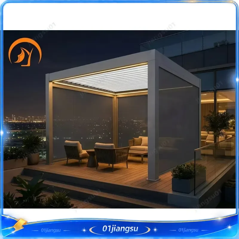 Modern Motorized Aluminum Pergola Louvered Roof Waterproof Garden Gazebo With LED Lights Remote Control For Patio Terrace