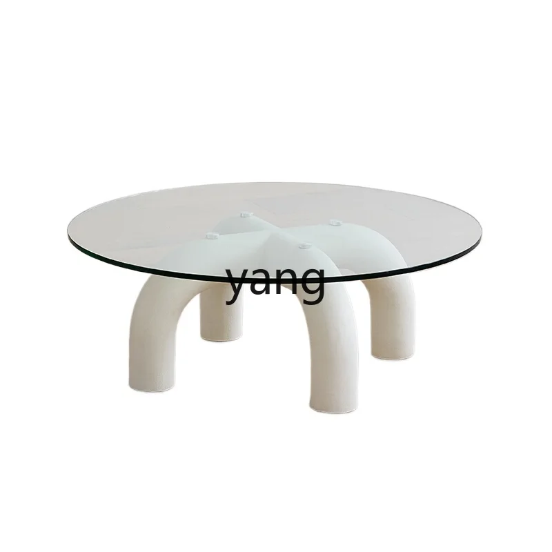 

YJQ coffee table light French cream style modern simple small apartment tempered glass round coffee table
