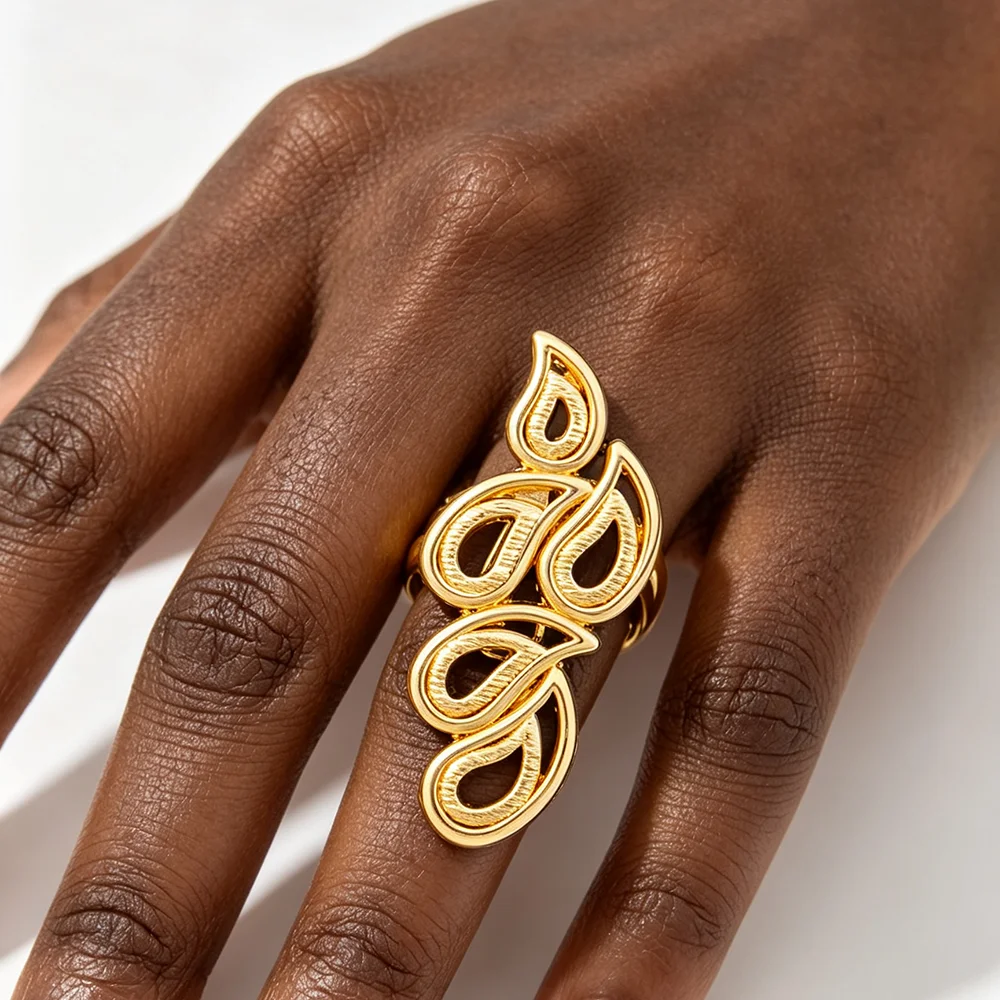 18K vergoldetes hohles Tropfenblatt-Ohrringe- und Ring-Set für Damen, luxuriöse Hochzeits- und Party-Accessoires, Geschenk für die Braut – Detail 7