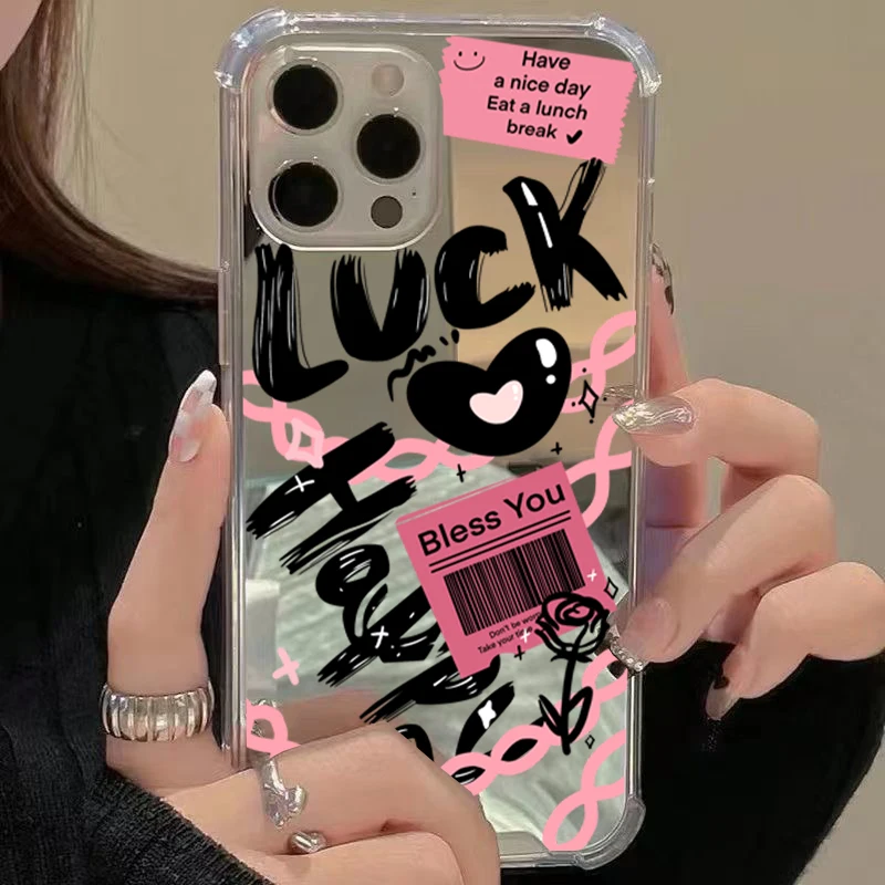 Funda de teléfono con patrón de amor de la suerte, carcasa de acrílico con espejo para iPhone 16, 11, 12, 13, 14, 15 Pro Max, XS, X, XR, 7, 8 Plus, SE2, a prueba de golpes