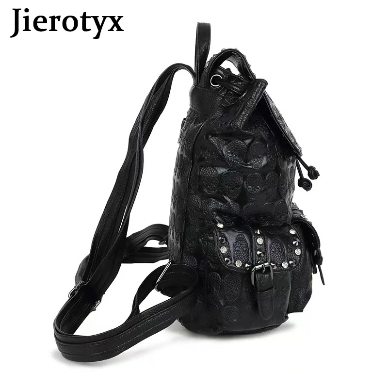 JIEROTYX Skull Backpack Women Gothic Rucksack Rivet Studded Zipper Shoulder Purse Black Punk Metal 3D Daypack School Bags