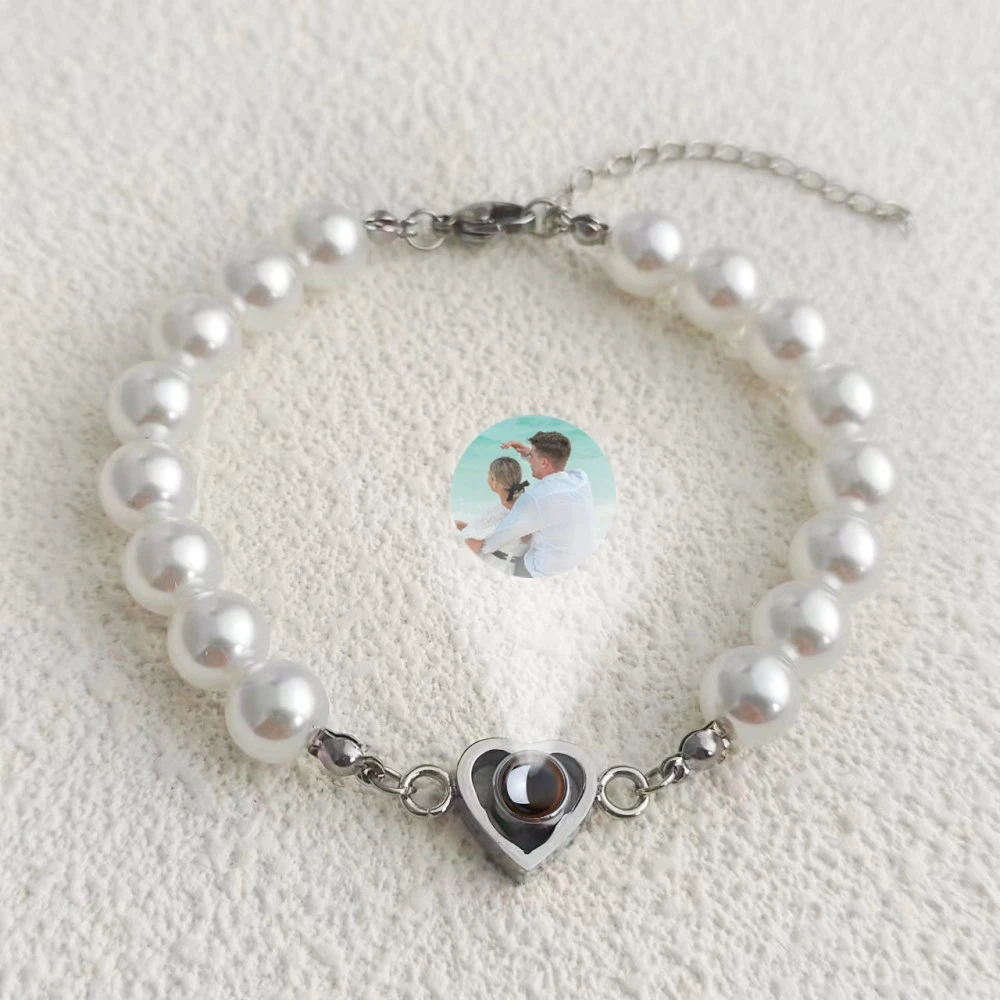 Custom Photo Projection Bracelet Stainless Steel Heart Pendant Pearl Chain Bracelet For Women Gift