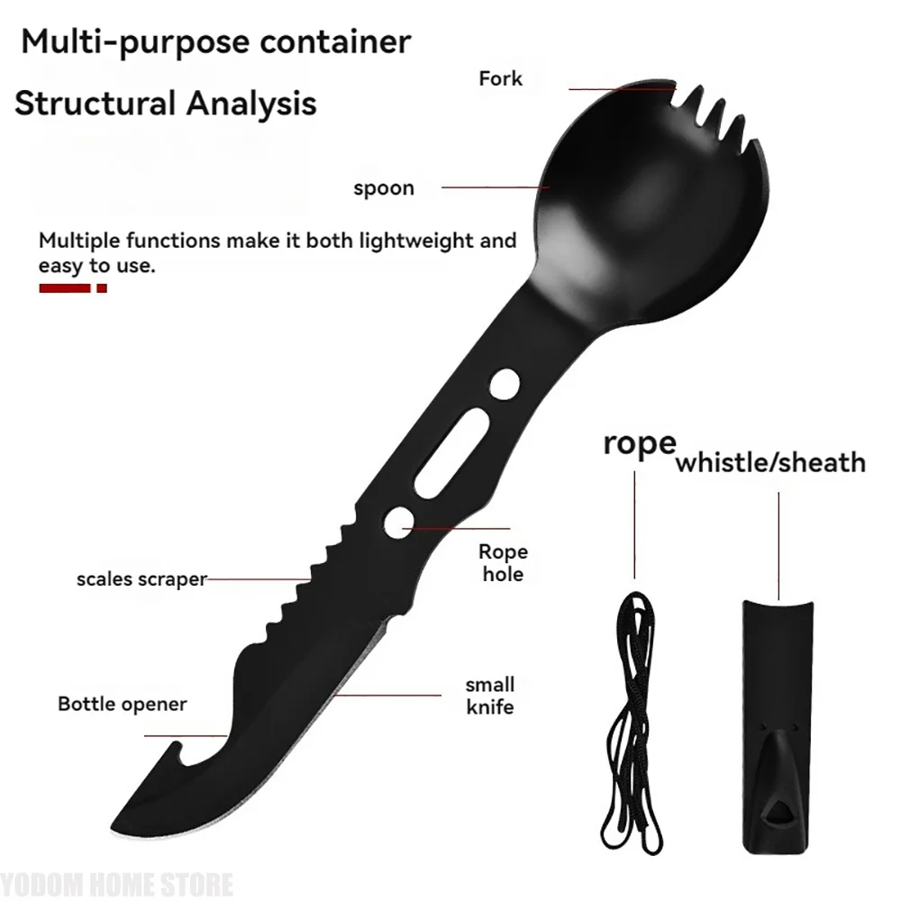 Stainless Steel Camping Tableware Three In One Knife Fork Spoon Whistle Survival Kit For Outdoor Hiking Emergency