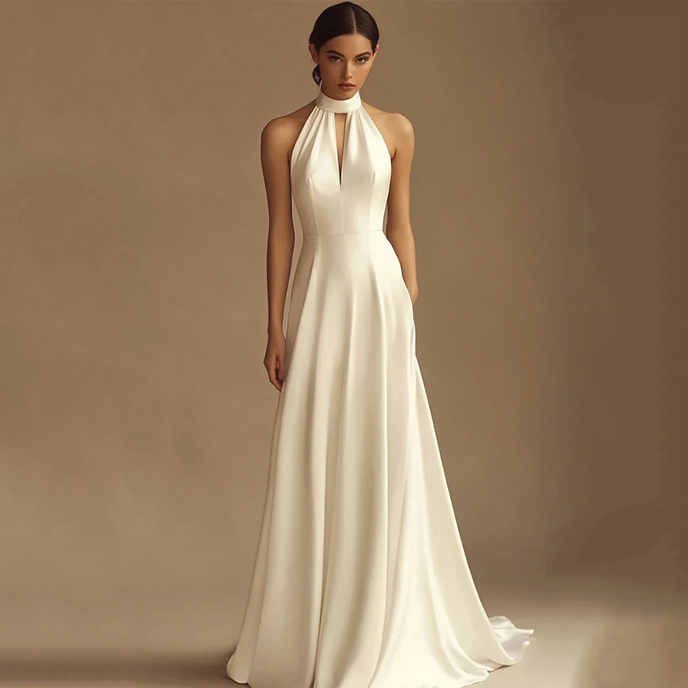 

Arya Classic Elegant Evening Dress Satin for Floor-Length Halter Sleeveless Backless Prom Dress A-line Robe De Soirée Customized