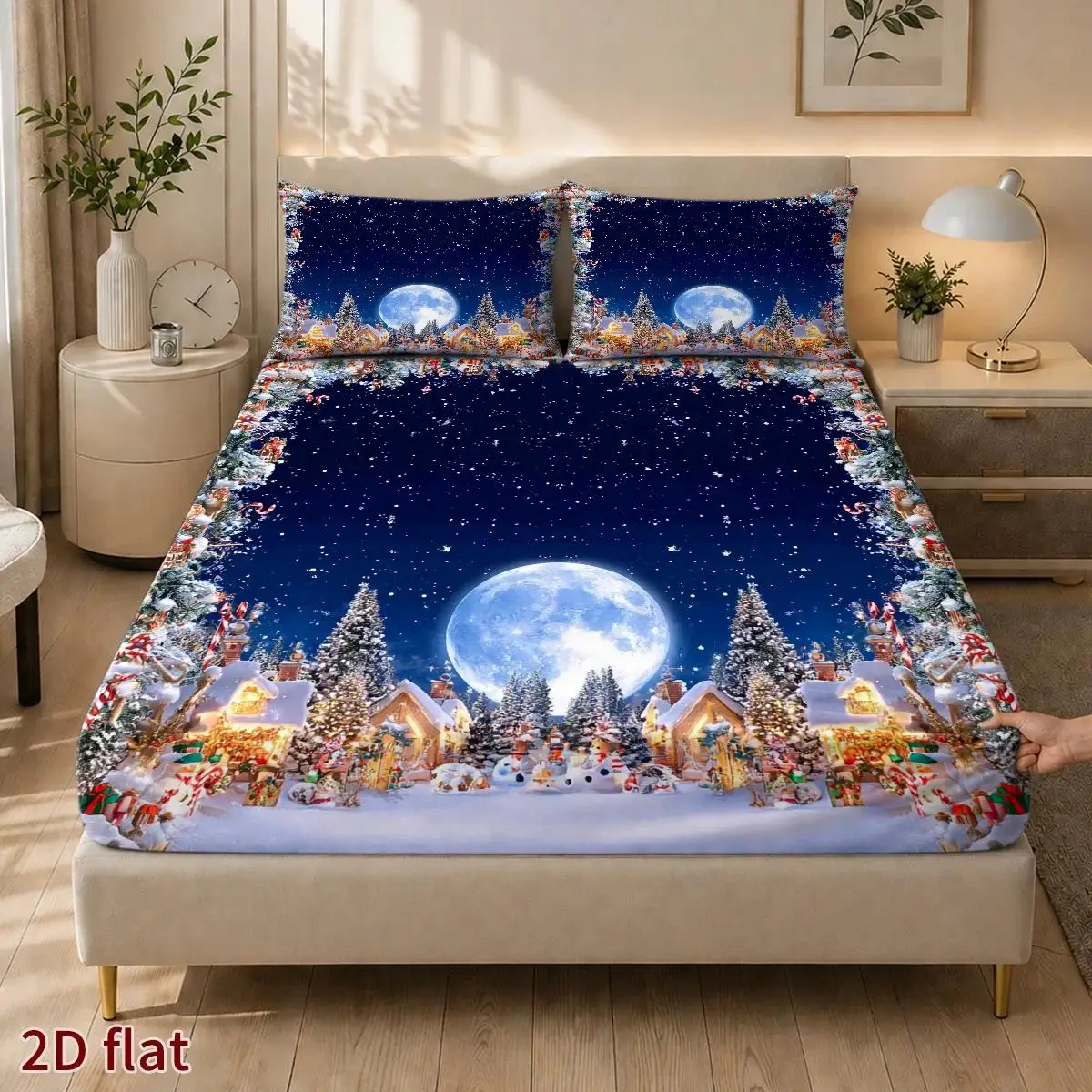 Newest 2D Digital Printed Three-Piece Bedding Set (Includes 1 Fitted Sheet + 2 Pillowcases) Winter Snow Scene Christmas Village Theme, Surreal Dreamy Style, Minimalist Mattress Protector, Fitted Elastic Style, Protective Cover, Mattress Protector, Christmas Limited Edition, Suitable for All Seasons, Machine Washable Design, Holiday Decoration, Various Sizes, Breathable Protective Cover Plus Pillowcase