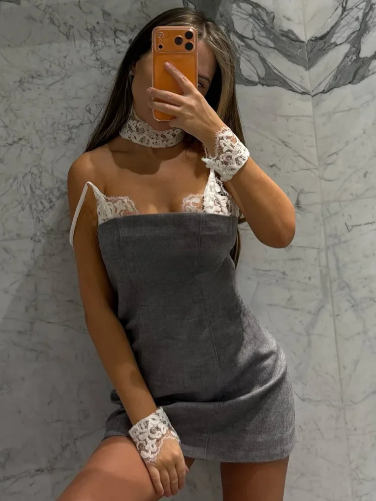 Mulheres elegantes cinza cetim deslizamento vestido renda gargantilha detalhes cinta de espaguete mini robe 2026 na moda feminino formal noite fora vestido