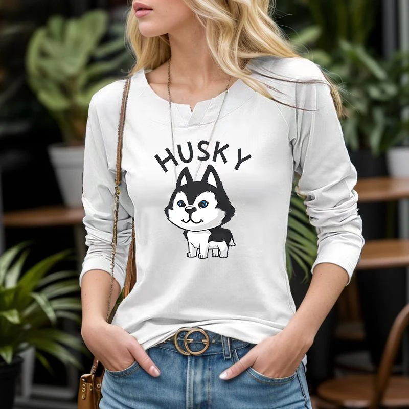 T-Shirt à manches longues pour femme, petit col en v, imprimé Husky mignon, Slim et fin, tempérament jeunesse, automne 2025