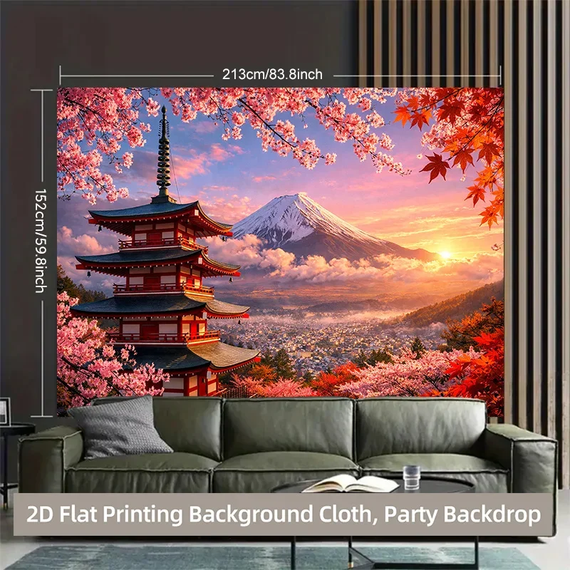 Japan Mount Fuji Pagoda Cherry Blossom Sunset Tapestry 2D Flat Printing Wall Hanging Backdrop for Living Room Bedroom Decor