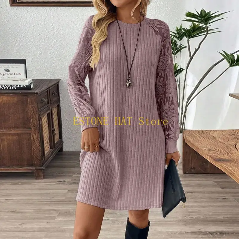 49MF ชุดเดรสแขนยาว ชุดเดรสฤดูใบไม้ร่วง ลูกไม้แขนยาวรอบคอ ชุดเดรสเอว ผู้หญิงชุดลำลอง