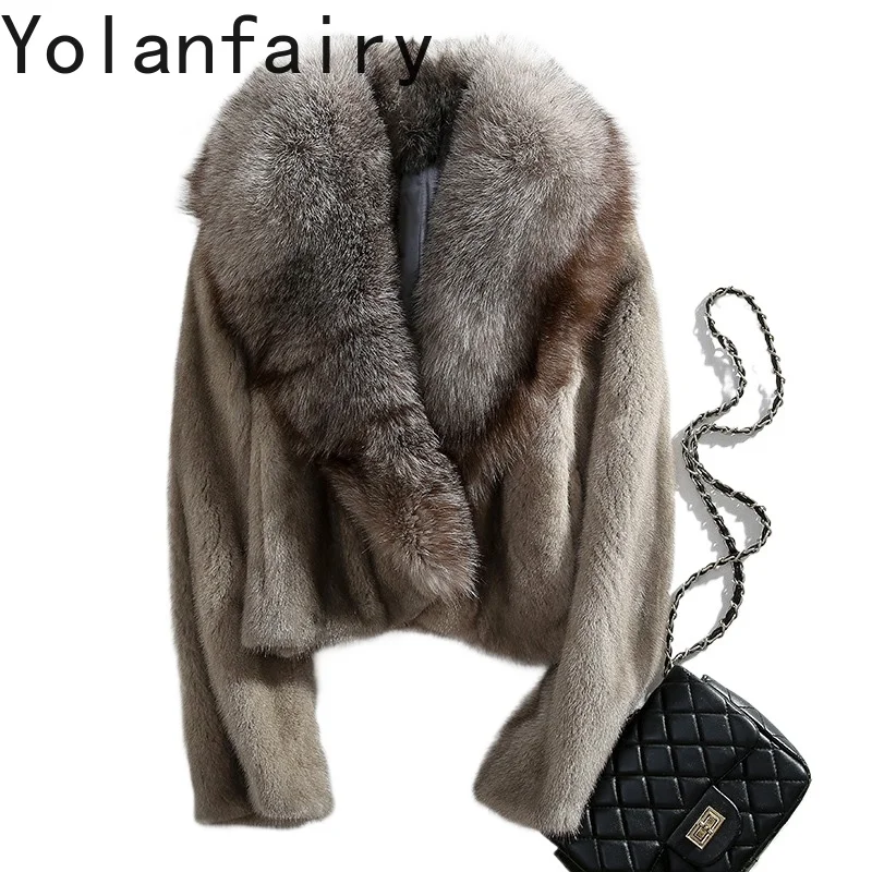 

YOLANFAIRY New Natural Whole Mink Fur Coat Woman Luxury Winter 2025 Super Short Real Fur Jacket Women's Clothes Fox Fur Collar