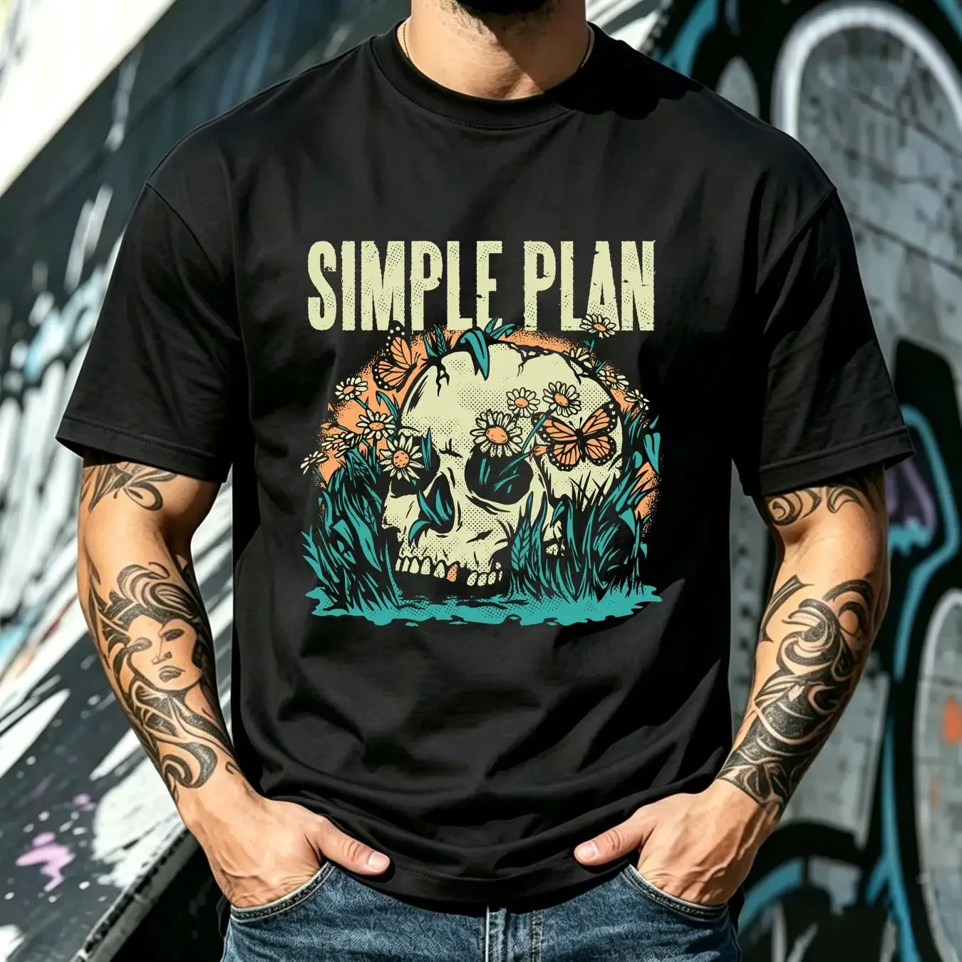 washed T Shirt Simple Plan band Skull black Cotton All sizes 3F1472 vintage Washed Stylish Unisex designer clothes Casual