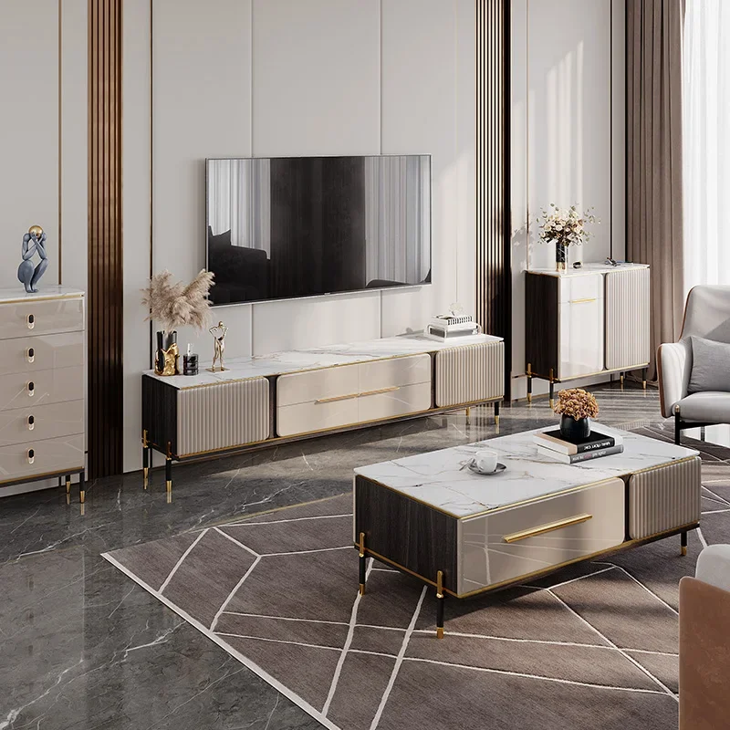 

Light luxury rock slab TV cabinet coffee table combination modern simple living room high-end high-end sense