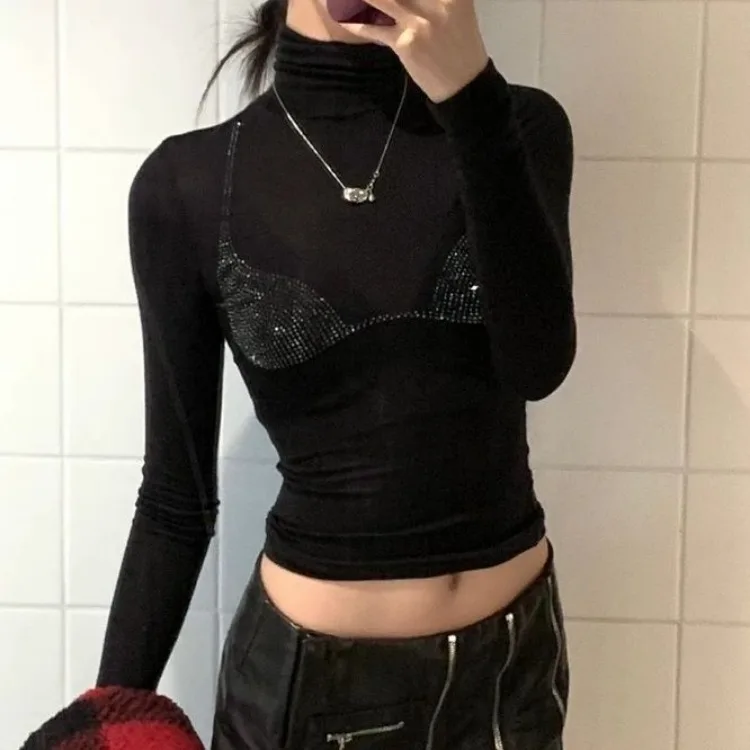 3D Bra Diamond Turtleneck Tops Mujer 2024 Autumn New Bottoming T-shirt for Women Y2k Slim Fit Long Sleeve Black Tee Shirt