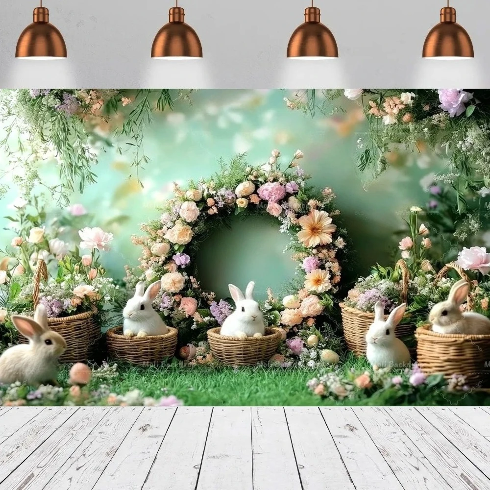 

Spring Easter Bunny Basket Easter Egg Wreath Shooting Background, Children's Birthday Party Home Decoration Photography Backdrop