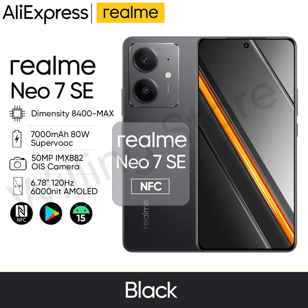 قفل منطقة شبكة Realme Neo7 SE Sim الأصلي غير مقفول الأبعاد 8400-MAX 80 وات Supervooc 7000 مللي أمبير في الساعة 6.78 بوصة 120 هرتز 50 ميجابكسل OIS NFC
