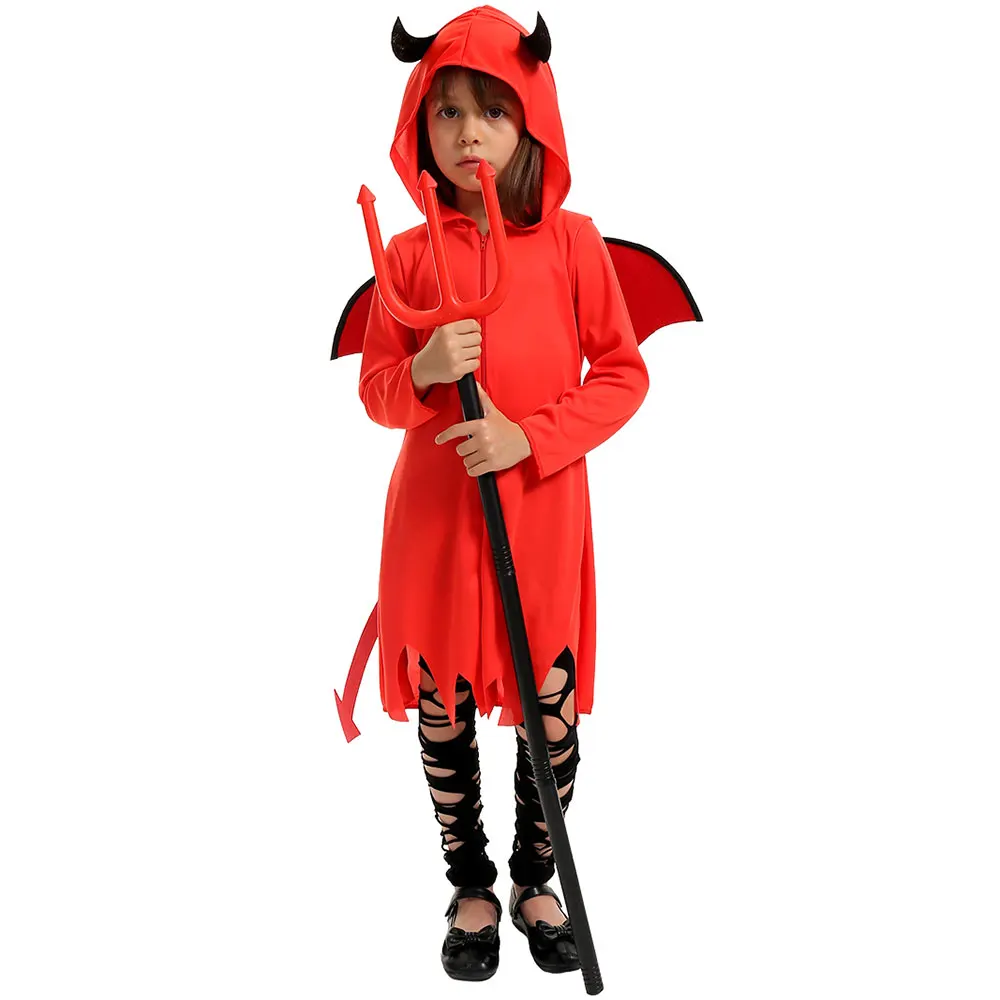 Umorden Kids Child Red Demon Devil Satan Costume for Girls Hooded Dress With Fork Wings Scary Halloween Costumes Children