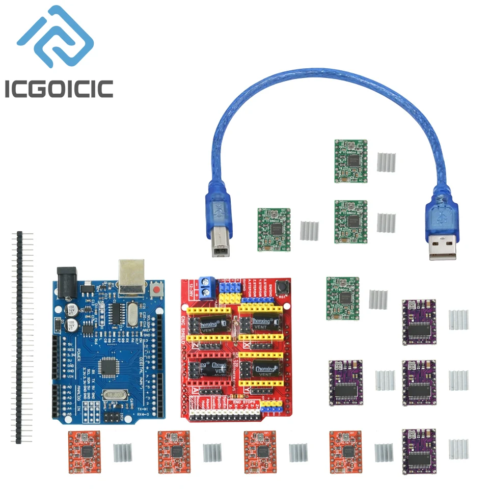 CNC Shield V3 Engraving Machine 3D Printer + 4pcs DRV8825 Or A4988 Driver Expansion Board For Arduino + UNO R3 With USB Cable