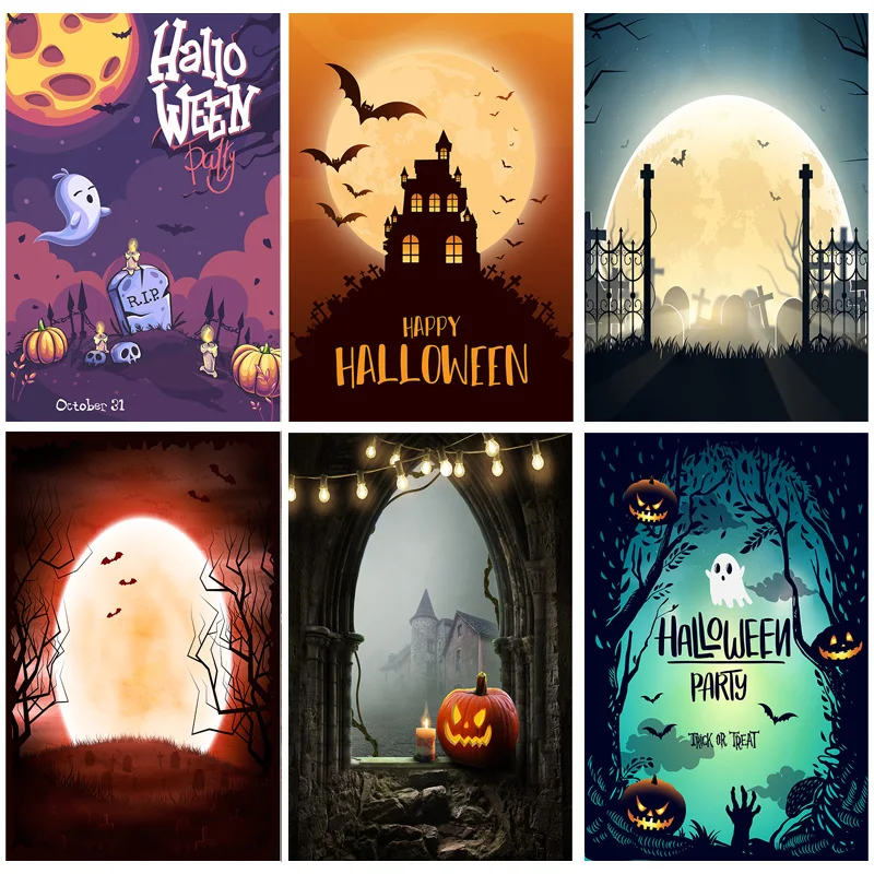 Halloween Backdrop Tombstone Castle Pumpkin Lantern Moon  Photography Background Photo Studio Props JKL-06