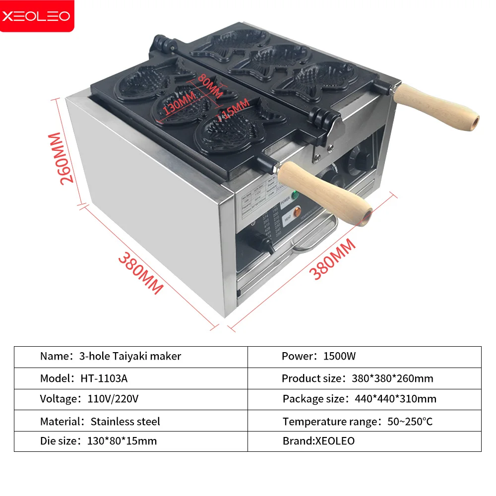XEOLEO 타이야키 메이커 물고기 모양 와플 메이커 기계, 아이스크림 타이야키 메이커, 붙지 않는 코팅 전기 가스, 1400W, 3 개
