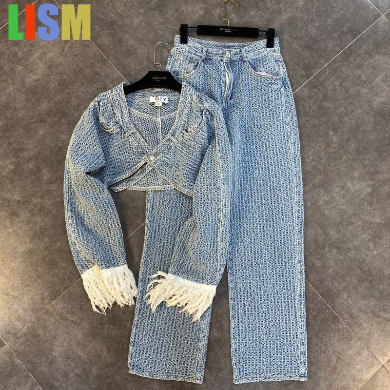 

LISM winter woman outfit Two piece V-neck tassel long sleeved solid color short jacket wide leg pants denim suit for women