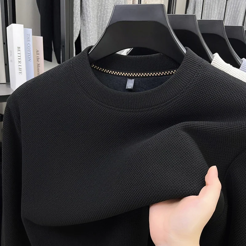 Herren-Waffelstrickpullover mit langen Ärmeln, Rundhalsausschnitt, Fleece-Innenfutter, dick, warm, lockere Passform, für den Alltag und das Büro. – Detail 14