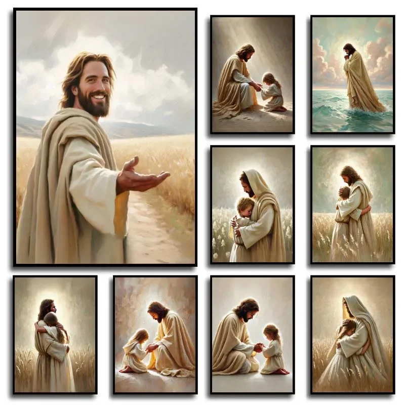 (2D Canvas painting) Jesus God Lamb Angel Boy Girls Praying Bible Poster and Prints Christian Canvas Printing Wall Art Pictur