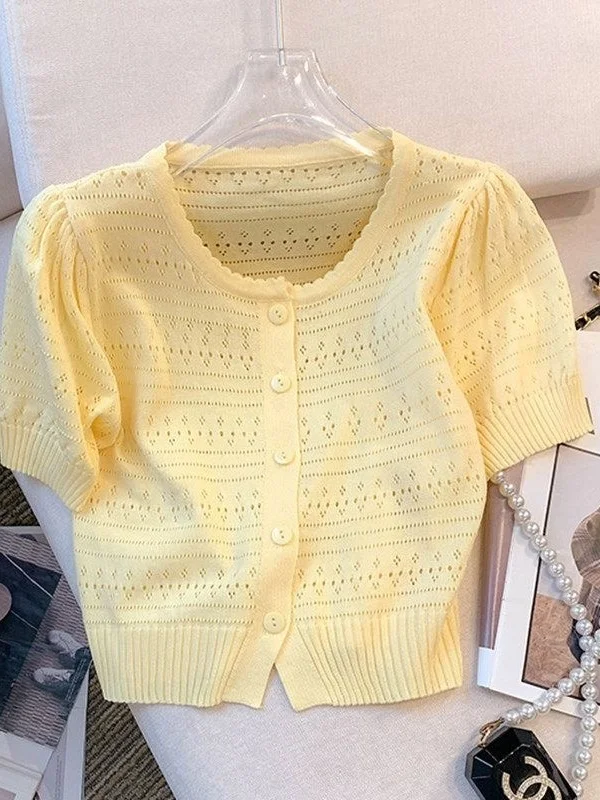 

2026 New Summer Women's Short Sleeve Hollow out Thin Knitted Cardigan Comfortable Breathable Polyester Fiber round Neck Butto...