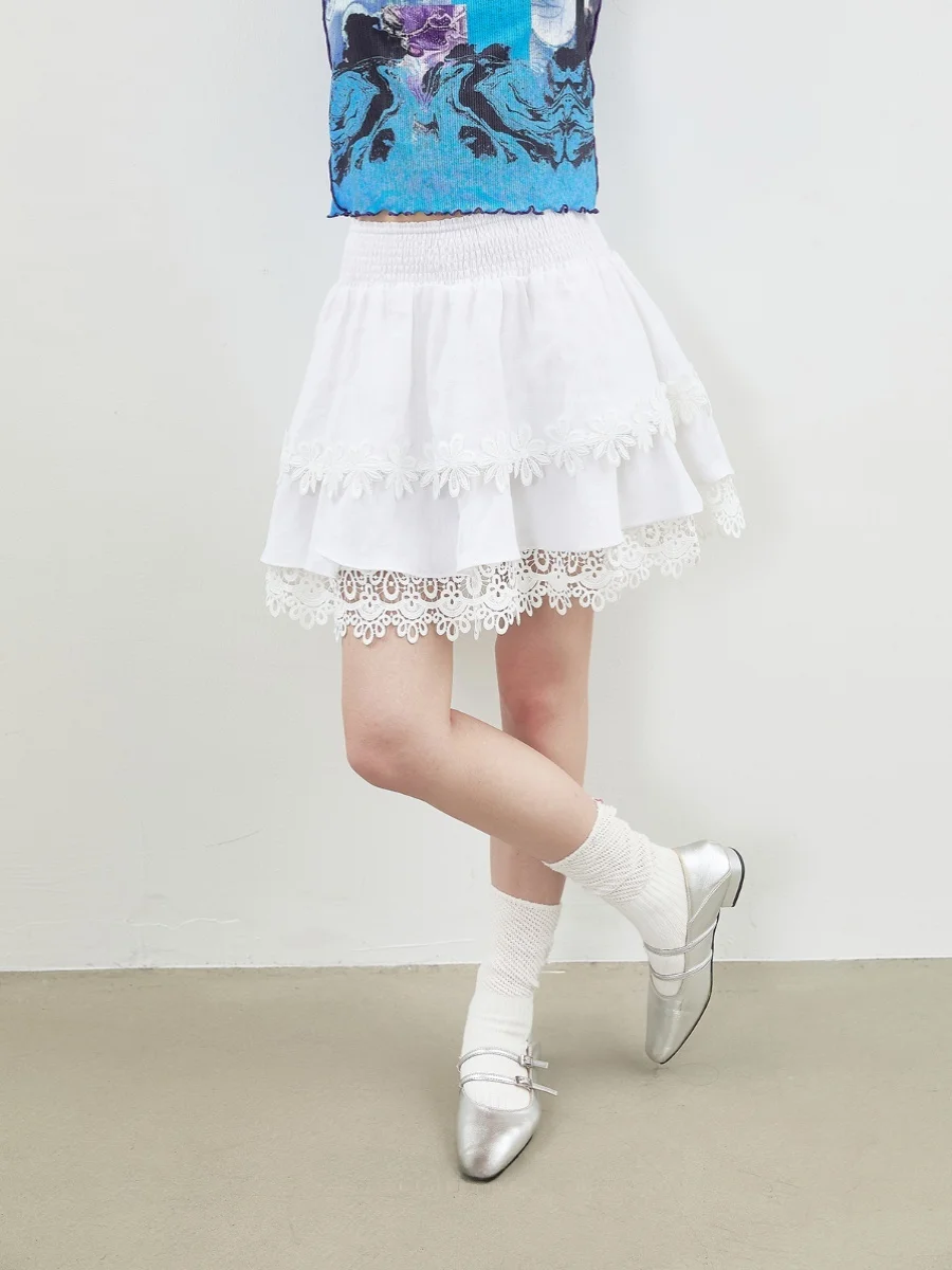 

UNSOYAO f-length Skirt with Patchwork Design Elastic Waist Lace Trim A-line ape High Waist Cut High Summer Season