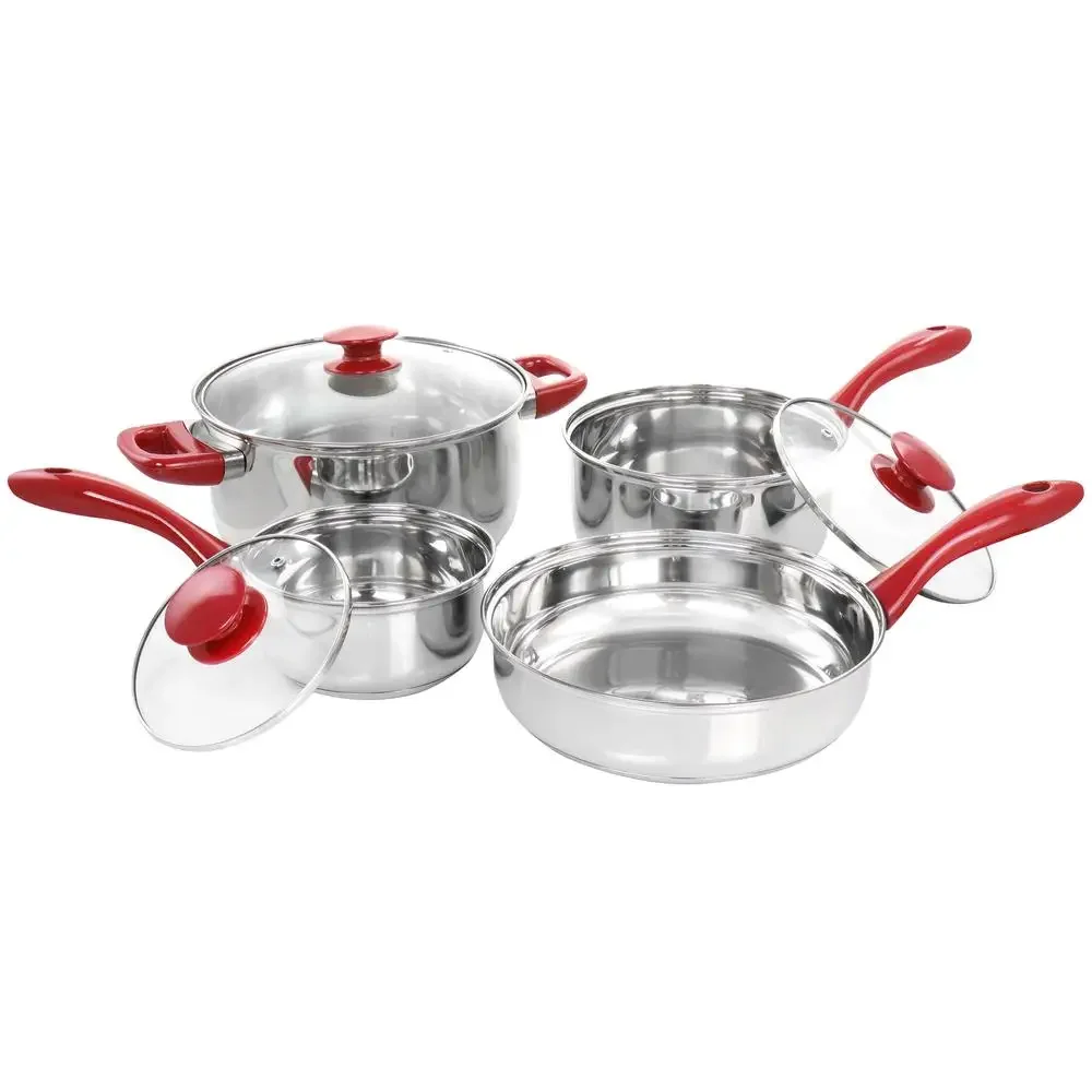 7-Piece Stainless Steel Cookware Set with Red Handles Chrome Finish Durable and Long-Lasting Dishwasher Safe Includes Saucepans