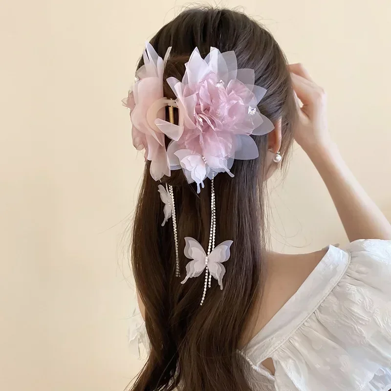 Pink Gauze Flowers Rhinestones Butterfly Long Fringe Shark Hair Claws for Women Super Fairy Sweet Fashion Fairycore Accessories