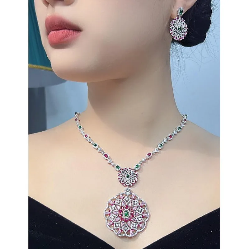 Designer Collection Fashion Long Necklace Earrings Women Lady Inlay Colored Cubic Zircon Plated Gold Color Flower Pendant Chain