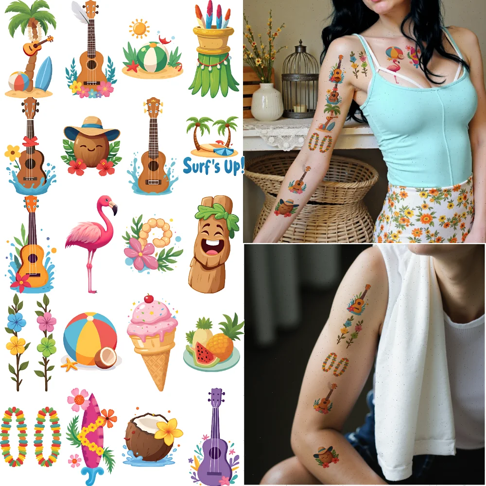 

63pcs Temporary Tattoo Beach Icons Temporary Tattoo Stickers Tropical Stickers Summer Elements For Cheeks Arms Boys