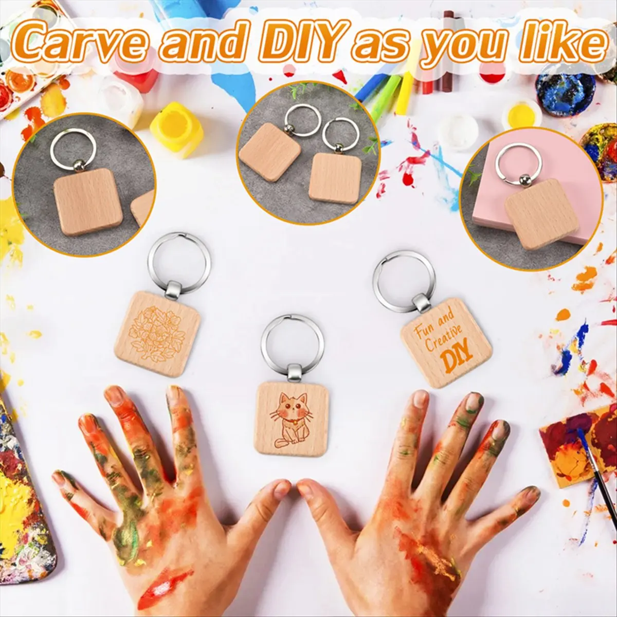 HITL 100Pcs DIY Blank Wooden Key Chain Square Carved Key Ring Wooden Key Ring About 40 x 40 mm