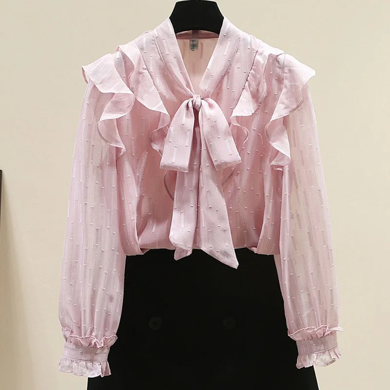 

Women Shirt Blouse New Long Sleeve Bow Collar Elegant Ruffles Shirt Blouse Women Tops Blouses Shirts Blusas Para Mujer 2025 Q630