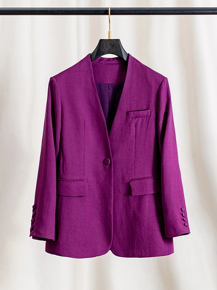 

mat Old Money Sle Purple Red Linen V-Ne Suit Jaet Women's Spring Autumn Loose oulder Pad Long Sve No Collar...