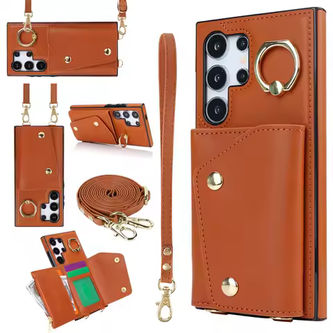 Crossbody Ring Wallet Leather Case For Samsung Galaxy S24 Ultra S23 Plus S22 S21 Note 20 A55 A54 A15 A25 A53 A14 Lanyard Cover