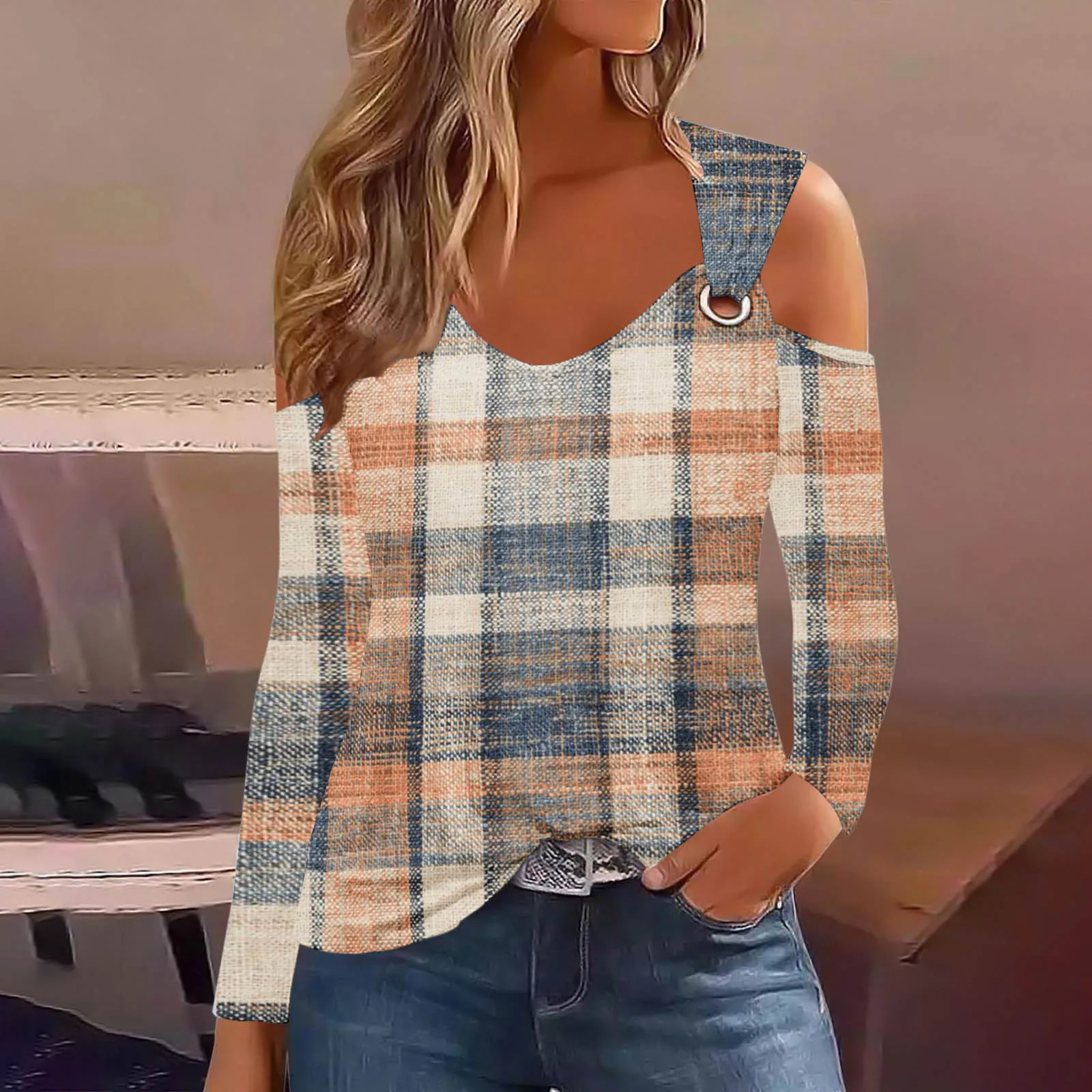 2024 Jesienna koszulka z długim rękawem dla kobiet Casual Hollow Out Tshirt Damskie topy z nadrukiem w paski Sexy Off Shoulder T Shirt Top Femme